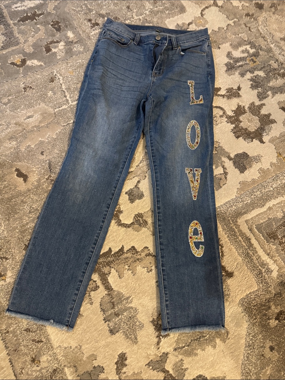 New York & Company Blue Straight Leg Jeans with 'LOVE' Sequin Appliqué